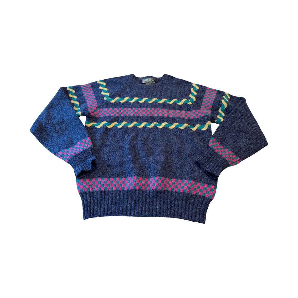 Agenda Vintage 100% Shetland Wool Sweater Blue Geometric Fair Isle Mens Small